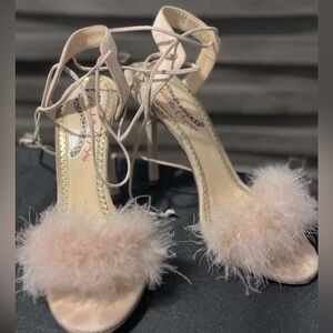 Charlotte Olympia, baby pink fur heels, lace up size 7 1/2